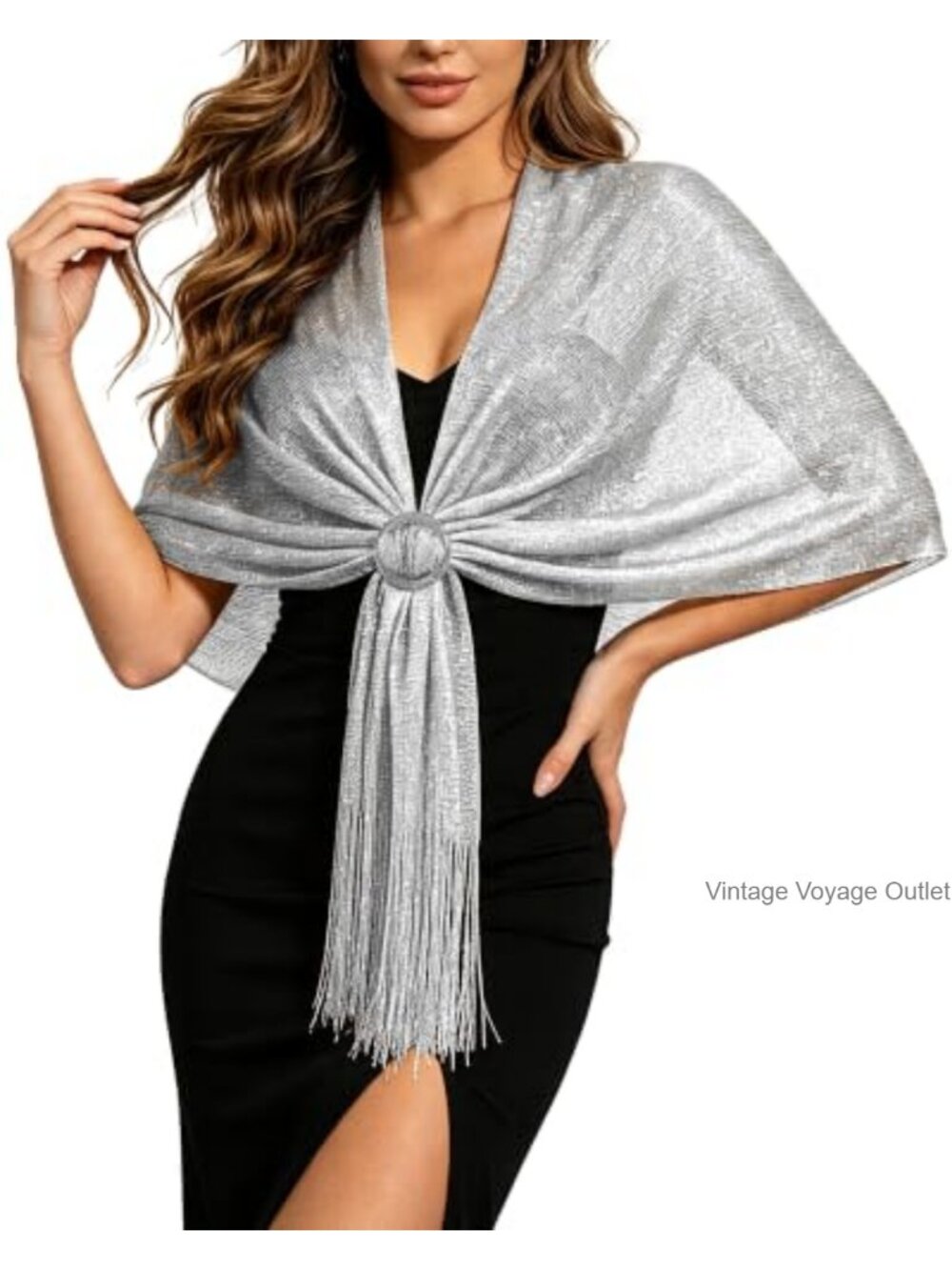 Metallic Glitter Shawl Wrap with Buckle Evening Cover Up